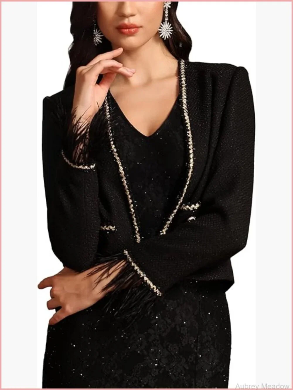 Collarless Cropped Tweed Blazer with Pockets Long Sleeve V-Neck Dressy Jacket